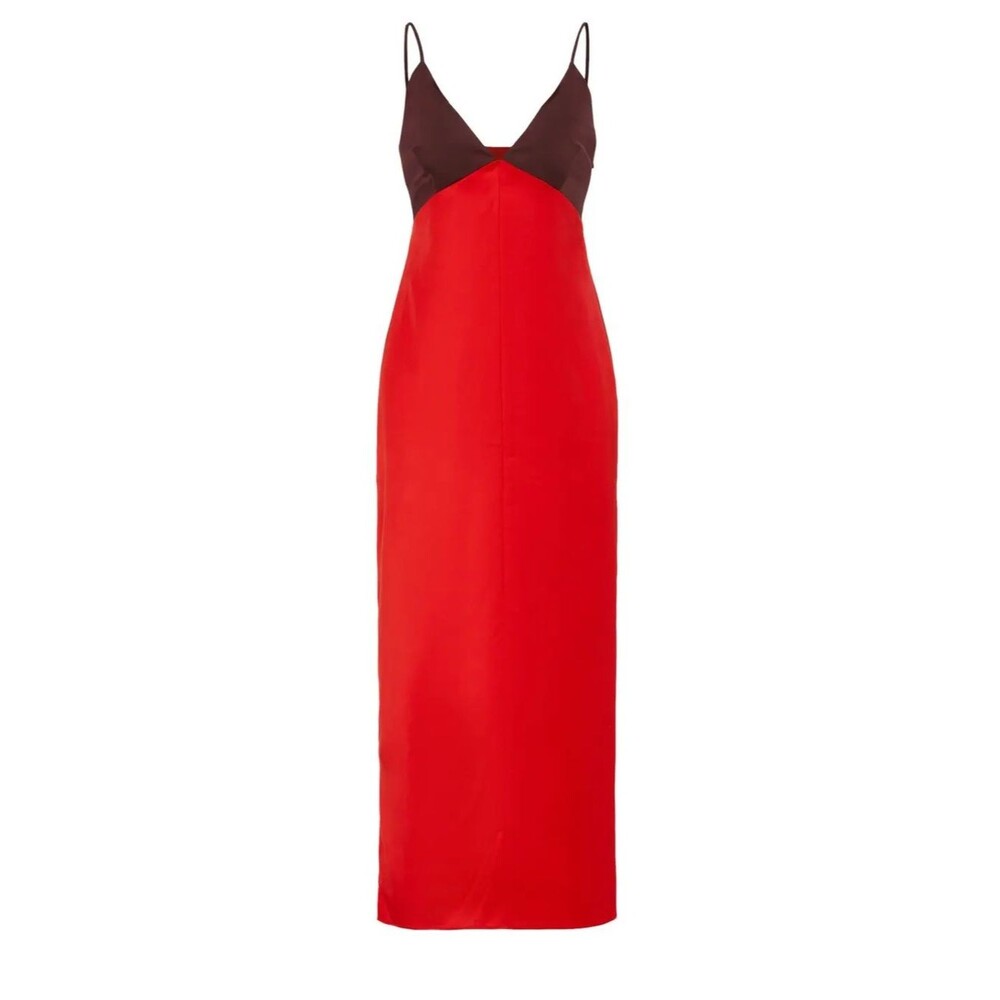 MARINA MOSCONE Two-Tone Red Slip Midi Dress Side Slits Size 6 $380